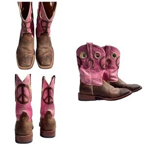 HP Pink & Brown Peace Sign Leather Western Boots Square Toe Cowboy Mid-Calf